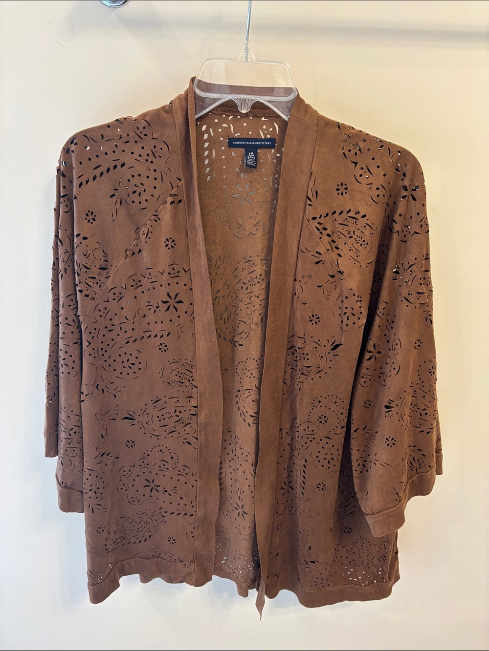 American Eagle Outfitters Brown Laser-Cut Suede Open Front Cardigan